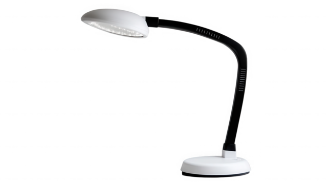 Modern adjustable gooseneck led desk lamp featuring bright illumination and a sleek black and white design for home office tasks on transparent background - Powered by Adobe