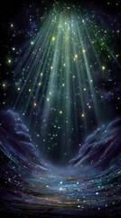 Celestial Light and Cosmos: Envision a ethereal vision of a starry night, the cosmos comes to life as divine beams of celestial light pour from above, illuminating the heavens. 