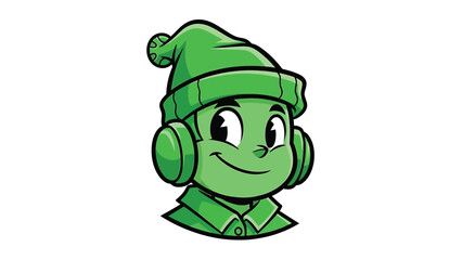 Obraz premium Green Cartoon Character with Headphones and Hat, Smiling.