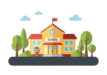 Vibrant illustration of a cheerful school building with a student standing outside, signifying education and learning in a bright, inviting setting