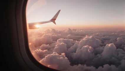 View from a plane window at sunset, wing visible, vast sea of clouds below, golden hues