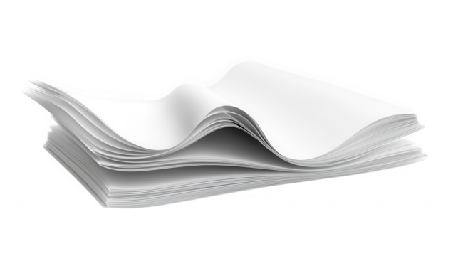 A thick stack of wavy bright white paper sheets showing layered texture and subtle curved edges isolated on transparent background - Powered by Adobe