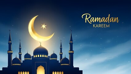 Ramadan Kareem Greeting with Mosque Silhouette, Golden Crescent Moon, and Dark Blue Cloudy Sky