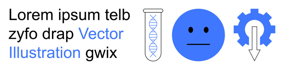 Fototapeta premium Biotechnology, science processes, data analysis, system efficiency, human emotions, decision-making. Test tube with DNA strand, neutral face gear with arrow. Biotechnology and science concepts