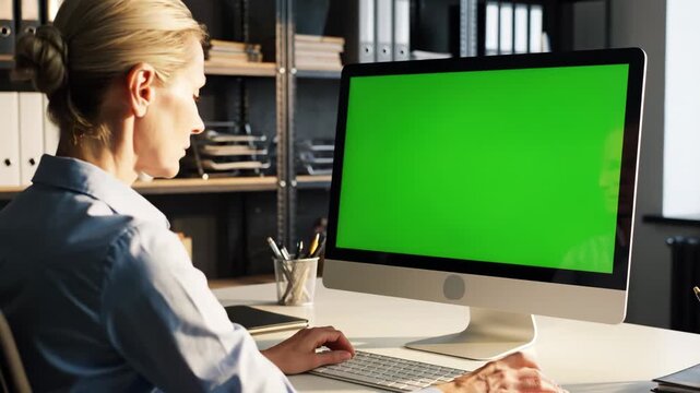 Blonde businesswoman working late at night on desktop computer with green screen in modern office environment, side view