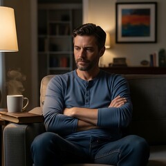 Mature man with arms crossed sits thoughtfully in dimly lit living room beside steaming mug
