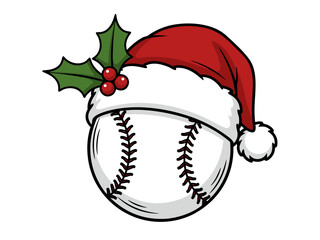 Christmas Baseball Vector Illustration with Santa Hat and Holly Berries for Holiday Sports Fun