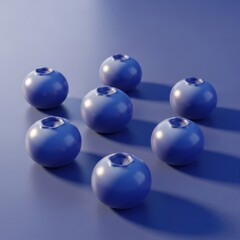 Rendered close-up of seven round blue berries, subtly lit on a plain blue surface