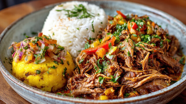 Traditional latin american pulled beef stew served with white rice and mashed yellow plantain topped with fresh tomato salsa and cilantro, gourmet regional caribbean dinner in a ceramic bowl on wood