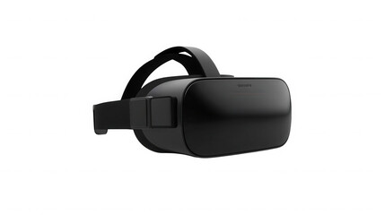 Sleek black virtual reality headset device shown from a three-quarter perspective angle ready for immersive entertainment and gaming experiences on transparent background