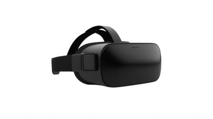 Sleek black virtual reality headset device shown from a three-quarter perspective angle ready for immersive entertainment and gaming experiences on transparent background