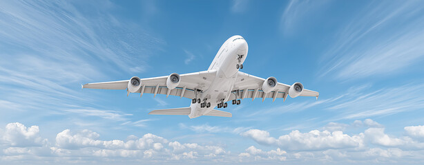 A large white airplane flying ,The background is dominated by a pale azure blue sky, sunset.