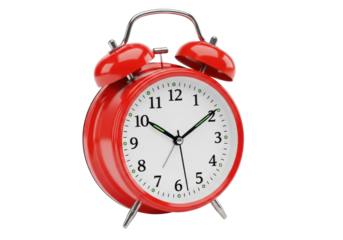 Vibrant glossy red vintage twin-bell alarm clock with silver bells, white face, black numbers, isolated on transparent with copy space, studio shot, concept of punctuality and classic design