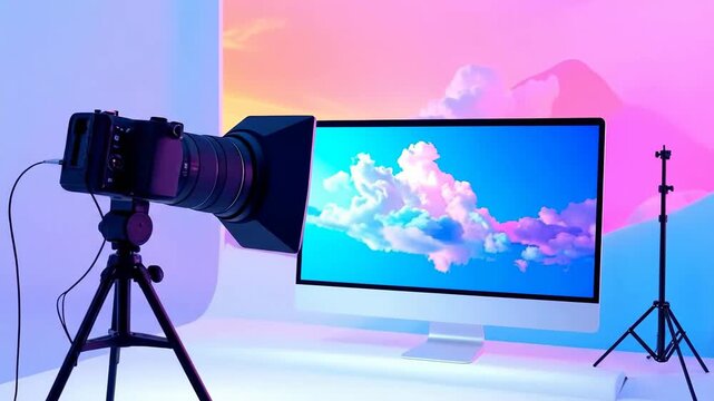 Behind the scenes studio setup with camera and screen displaying colorful clouds.
