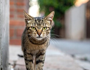 A focused tabby cat walking toward the camera on a cobbled street