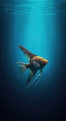 Ethereal angelfish with magnificent, feathered wings swimming through deep, glowing azure water, representing aquatic spiritual freedom ,underwater ,pure ,halo