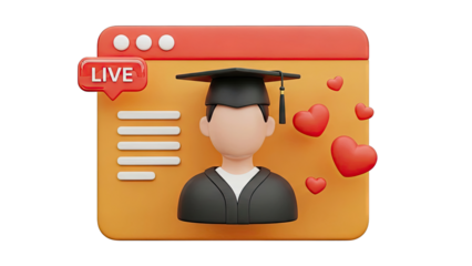 3D Graduation Student Icon with Live Stream Notification and Hearts