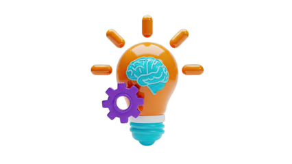 3D Illustration of a Lightbulb with Brain and Gear