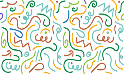 Colorful abstract line art pattern featuring hand-drawn squiggles zigzags and swirls on a white background.