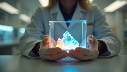 Scientist holding crystal cube in lab