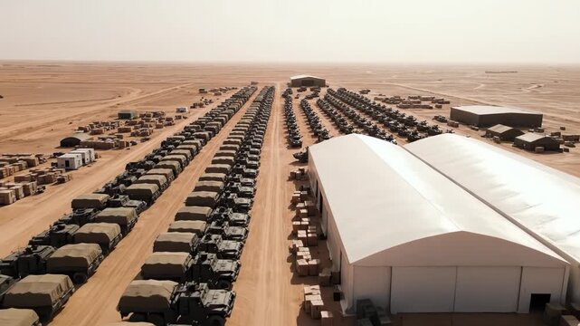 Aerial view of a large military vehicle staging area in a vast desert landscape with temporary storage tents and armored tanks present