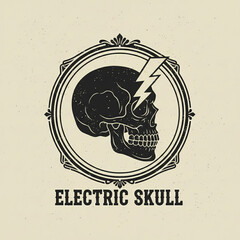 Vintage black and white skull emblem with lightning bolt and ornate frame, "Electric Skull" graphic design.