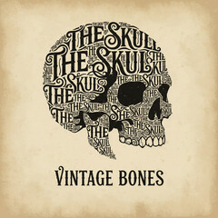 Vintage skull illustration made of typography on old paper background, "The Skull" word art.