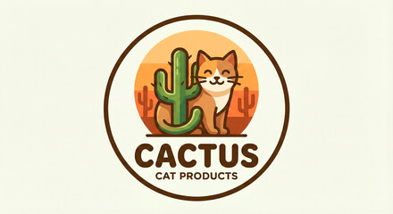 Minimalist logo design of a cute ginger cat with a cactus in a desert sunset, Cactus Cat Products emblem.