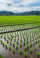 Expansive view of vibrant green young rice plants flourishing in flooded terraces, reflecting the clear sky above the fertile agricultural landscape ,plant ,growth ,meadow