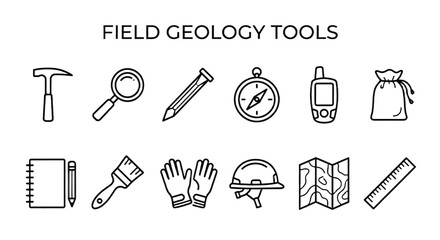 Fototapeta premium Different tools used in field geology for rock and soil exploration and data collection in outdoor settings