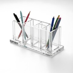 Transparent acrylic desktop organizer neatly holds various writing instruments on a white surface.
