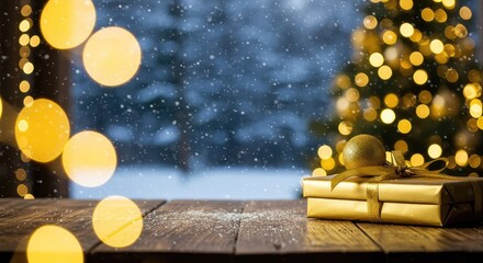 Festive holiday atmosphere with warm golden lights illuminating a comfortable room, framed by a serene, snowy winter landscape ,home ,holiday ,cheer