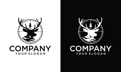 Creative deer hunter logo, badge, emblem, label design template. vector illustration of deer head silhouette and arrow. hunter club, deer hunting symbol icon
