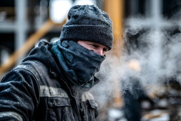 Arbeiter mit Atemdampf bei eisiger K&auml;lte auf winterlicher Baustelle
