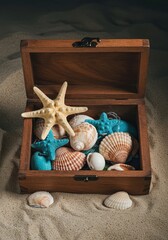 Faded collection of summer treasures found and kept safe inside a small wooden box, invoking memories of warmth and long bright days ,warmth ,holiday ,stillness