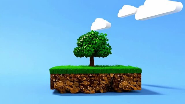 Cartoon style tree on a grass plot with a soil base against a blue sky.
