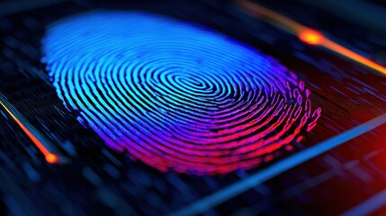 A vivid fingerprint displayed with glowing blue and red patterns, symbolizing identity and technology in a digital context.