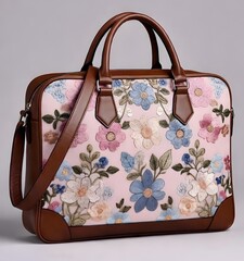 Floral printed ladies laptop bag with structured handles, feminine artistic design, stylish work accessory, isolated studio background photography