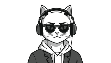 Obraz premium Cool Cat Avatar with Headphones and Sunglasses in Black and White.
