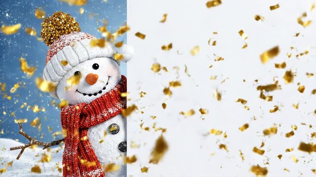 Cute 3d rendered snowman wearing a red scarf and hat peeking from behind a white banner with falling gold confetti against blue sky