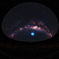 Immersive view inside a large projection theater, featuring brilliant astronomical images displayed on the massive curved ceiling structure ,universe ,dark ,architectural