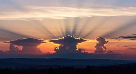 A breathtaking, vibrant sky during dawn or dusk, featuring massive dramatic clouds and glowing light rays that inspire hope and peace ,serene ,success ,energy