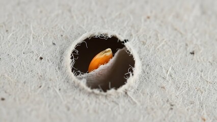 Single seed viewed through a handcrafted paper hole, close up shot