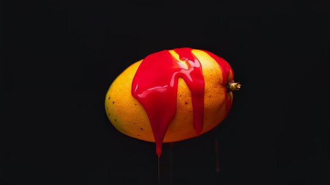 A yellow fruit covered with red liquid against a black background