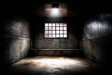 Fototapeta premium A dimly lit, empty room with a concrete surface and a small window illuminating the space, evoking a sense of isolation and mystery.