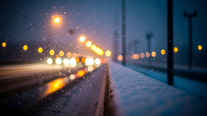 A blurry image of a snowy road at night