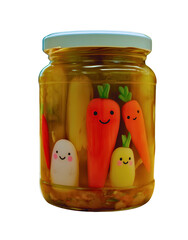 Cute cartoon vegetable pickle jar, smiling carrot character, kawaii food, colorful preserved vegetable art