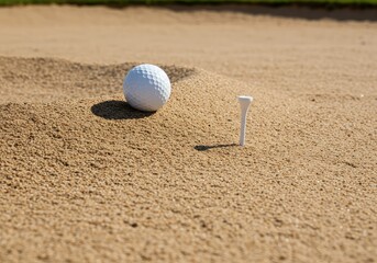 A challenging golf shot setup. A white tee and ball rest on the edge of a deep sand bunker, demanding precision and skill to escape the trap ,golf ball ,plastic ,challenging