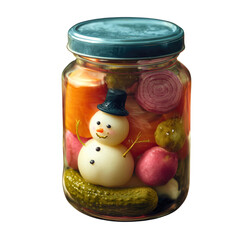 Pickled vegetable snowman glass jar winter food art preserving festive creative holiday