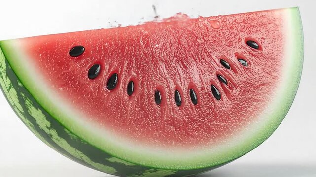 A juicy watermelon slice with seeds, perfect for a refreshing snack on a hot day.